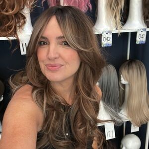 Long Luxurious medium Brown rooted Wig with blonde highlights. 24” synthetic